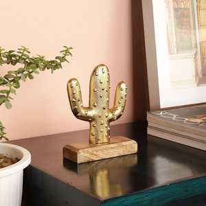 Golden Cactus Sculpture On Wooden Base Bohemian Tabletop <b>Decor</b> Handmade Figure Plant Theme Living Room Ornament 1PC - Product Image 4