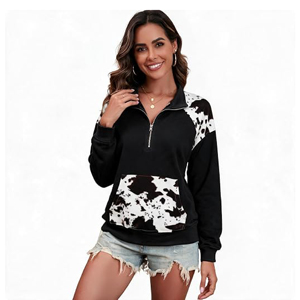 Sweat-shirt demi-zip personnalisé pour femme, motif patchwork bovin, chic, imprimé peau de vache contrastant, col à revers, pull décontracté et sportif - Product Image 5