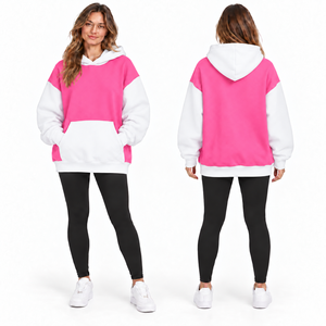 Sudadera con Capucha Oversize para Mujer, Diseño Color Block Rosa y Blanco, con Bolsillos de Felpa, Manga Larga, Estilo Casual Urbano para Invierno, 100% - Product Image 1