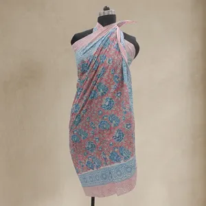 Pink Blue Floral Hand Block Printed Cotton Sarong Scarf with Decorative Border Lightweight <b>Beach</b> <b>Wrap</b> Stole for Women - Product Image 3