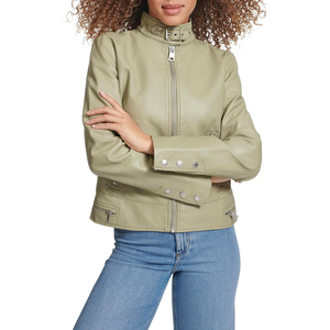 Chaqueta de Motociclista de Cuero PU Verde Oliva para Mujer, Cuello Alto, Cierre de Cremallera, Manga Larga, Color Sólido, Estilo Biker - Product Image 1