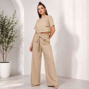 Women's Beige Two Piece Set Crop <b>Top</b> With Letter Print High Waist Wide Leg Pants Loose Fit Casual Spring Summer Outfit - Product Image 1