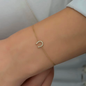Bracelet fer à cheval en or massif 14K avec diamant de laboratoire, chaîne torsadée, bracelets porte-bonheur à initiales, certifié IGI, bracelet de charme fin, bracelet de foi - Product Image 2
