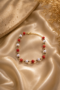 Brass Coral Pearl Stackable Beaded Bracelet | Gold Tone Layering Chain Bracelet - Product Image 3