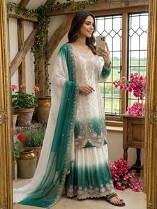 ชุด Plazzo and dupatta พร้อมด้ายถักสำหรับผู้หญิงเสื้อปาร์ตี้สีพื้นจอร์เจียแบบคู่ - Product Image 3