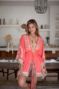 Kimono Boho con Cuello en V y Manga Murciélago, Estampado Floral con Flecos y Borlas, de Algodón Ecológico, Ropa de Playa con Bolsillos, Cintura Natural, Largo Midi - Product Image 3
