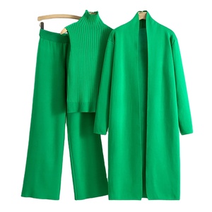 Conjunto de suéter de punto sexy para mujer, cárdigan de 3 piezas, chándal, pantalón de pierna ancha para primavera otoño con chal de manga larga y abrigo - Product Image 1