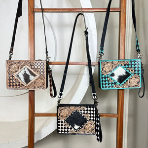 High Quality Hand-Tooled Leather Small Shoulder Bags Cowhide & Checkered Pattern Western Style <b>Square</b> Crossbody Wristlet Purse - Product Image 5