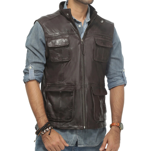 <b>Men's</b> Dark Brown Leather <b>Vest</b> Turn-down Collar Zipper Closure Solid Color Breathable Workwear Style Winter Outer Wear Regular - Product Image 1