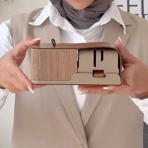 Brûleur d'encens en bois unique avec cadre incurvé beige, coupelle en métal, trous d'aération et calligraphie arabe pour la maison - Product Image 6