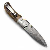 Couteau pliant personnalisé en acier Damas de Iron Crown Forge, lame à pointe tombante, manche en corne de cerf, lame droite de 3 mm, bouton de pouce de 3,5 pouces