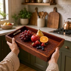 Handmade Traditional Shesham Wood <b>Moroccan</b> Serving Tray with Brass Inlay Carved Rectangular Design <b>Decorative</b> Handle for Dining - Product Image 3