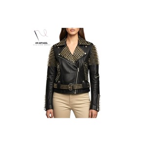 Women's Black Genuine Leather <b>Biker</b> <b>Jacket</b> With Gold Rivets Stand Collar Full Sleeve Motorcycle Coat - Product Image 1