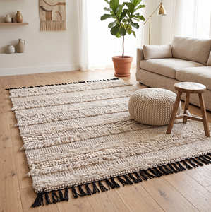 Boho Cotton Accent Rug with Textured Woven Surface and Contrast Fringe Detail - Product Image 1