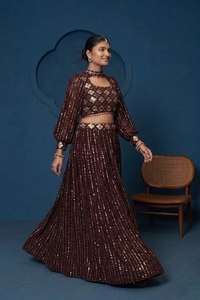 <b>Burgundy</b> Beaded Polyester Lehenga Set Sequin Embroidered Crop <b>Top</b> Pleated Floor-Length Skirt Reversible Indian Pakistani Wedding - Product Image 3