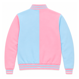 Chaqueta universitaria personalizada de la hermandad Jack & Jill of America, azul cielo y rosa, manga larga, cierre frontal con cremallera, cuello con ribete, logotipo bordado. - Product Image 3