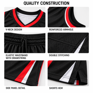Conjunto de Uniforme de Baloncesto Sublimado Personalizado, Negro, Rojo y Blanco, Patrón Geométrico, Cuello en V, Sin Mangas, Ropa Deportiva que Absorbe la Humedad - Product Image 4