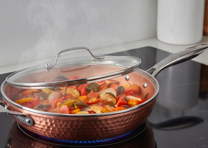 Copper Saute <b>Pan</b> With Glass Lid Stainless Steel <b>Handle</b> Handmade Minimalist Design For Kitchenware And Induction Cooker Use - Product Image 5