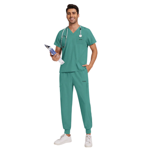 Unisex Medical Woven Scrub Set Short Sleeve V Neck Top <b>Cargo</b> Jogger <b>Pants</b> Elastic Waist Multiple Pockets Healthcare Workwear OEM - Product Image 1