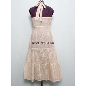 Robe longue vintage en pur coton pour femme, col halter, manches tombantes, silhouette trapèze, imprimé artisanal, robe de soirée décontractée et ample - Product Image 5