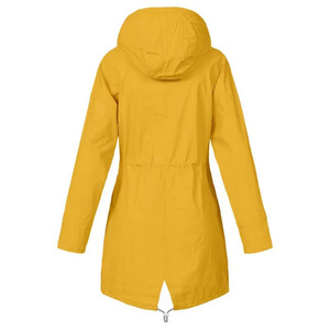 Women Yellow <b>Rain</b> <b>Jacket</b> Hooded Waterproof Mid Length Drawstring Windbreaker Ladies Outdoor Raincoat - Product Image 3
