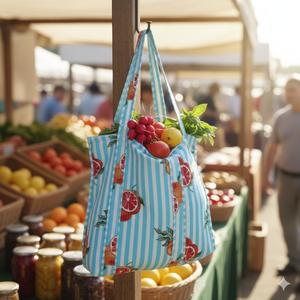 Premium Blue Striped Quilted Cotton Tote <b>Bag</b> Citrus Print Medium Size <b>Long</b> <b>Shoulder</b> <b>Strap</b> Reusable Eco-Friendly Shopping - Product Image 3