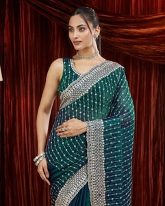 Sari de Mezcla de Seda Bordado Estilo Bollywood KV (Azul) - Product Image 1