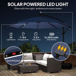 Ombrellone a braccio laterale da 3 metri blu scuro con design leggero e copertura protettiva, dotato di funzionalità solari - Product Image 4