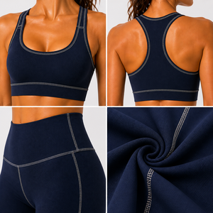 Women’s <b>Navy</b> Blue <b>Gym</b> <b>Set</b> High Waist Leggings Sports Bra Two Piece Activewear Workout Yoga Fitness Running Training Clothing <b>Set</b> - Product Image 4