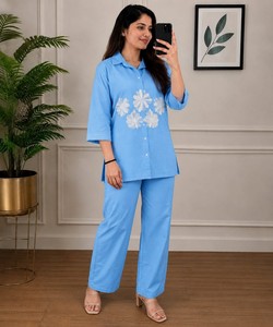 <b>Women</b> Blue Cotton <b>Kurta</b> Palazzo Set With White Floral Embroidery Casual Wear India Pakistan Style All Seasons 86468 SHAGUN - Product Image 1