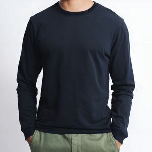 Camiseta de Manga Larga para Hombre, Cuello Redondo, Color Azul Marino, Algodón Suave y Transpirable, Corte Ajustado Informal, Cómoda para Uso Diario, Estilo Básico y Moderno - Product Image 1