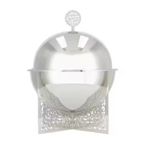 Plat de service de luxe en acier inoxydable martelé avec base en bois, chauffe-plat rond pour buffet avec couvercle pour événements hôteliers et traiteur - Product Image 3