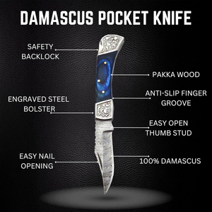 Couteau pliant de survie pour le camping en plein air, de qualité industrielle, gravé à la main, à pointe tombante, en acier Damas, couteau de chasse de poche - Product Image 4