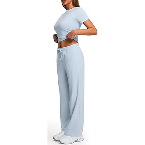 Ensemble de vêtements pour femmes en modal doux, à lacets, uni, long, avec haut à manches courtes et pantalon assorti - Product Image 3