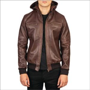 Chaqueta de cuero con capucha para hombre, abrigo cálido de invierno de cuero vacuno con bolsillos con cremallera, puños de punto acanalado, diseño de ropa exterior premium. - Product Image 1