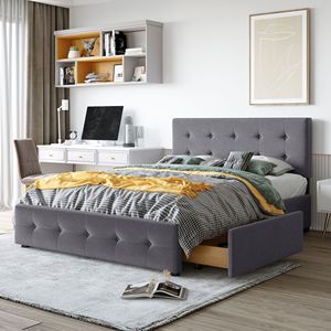 Cama Clásica Queen-Size Tapizada en Tela Gris Oscuro con Plataforma, 4 Cajones, No Requiere Base de Somier, con Cabecera Elegante - Product Image 1