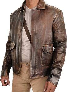 Chaqueta de Cuero Vintage para Hombre con Cierre de Cremallera, Estilo Motero, para Otoño e Invierno, Chaqueta de Motociclista Auténtica Estilo Café Racer - Product Image 3
