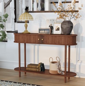 Console moderne en bois massif avec étagère de rangement, design mi-siècle, pour couloir, entrée, salon - Product Image 2