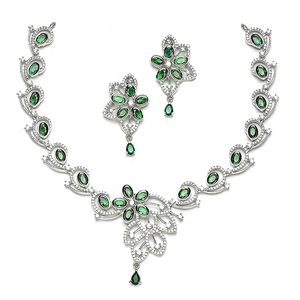 Ensemble collier et boucles d'oreilles en alliage plaqué argent en forme de fleur avec strass en cristal vert, bijoux de mariage pour femmes - Product Image 2