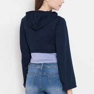 Sudadera con Capucha para Mujer, Diseño Color Block, Manga Larga, Corte Recortado, Tejido de Punto, Estilo Casual Otoñal, Azul con Bolsillos - Product Image 5