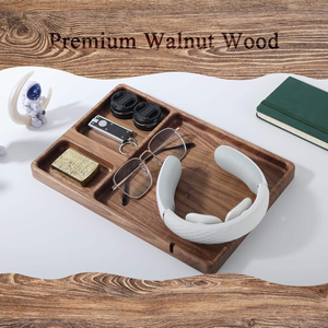 Home Bedside Table Desk Organizer Jewelry <b>Tray</b> Walnut Wooden Valet <b>Tray</b> <b>Catch</b> <b>All</b> <b>Tray</b> with Cable Slot for Men Dad - Product Image 5