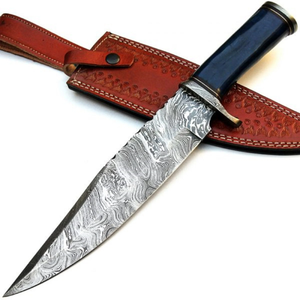 Couteau de chasse en acier Damas, lame à pointe de lance, manche en os de chameau, garde en laiton, étui en cuir, couteau de chasse à lame fixe personnalisé DIY - Product Image 2