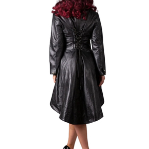 Manteau trench noir en similicuir asymétrique à double boutonnage, manches longues, longueur midi, col à revers, coupe-vent - Product Image 6
