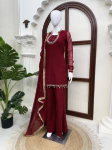 Conjunto de diseñador con top de georgette sintético con efecto espejo y trabajo manual, pantalón palazzo y dupatta de georgette sintética, completamente cosido y listo para usar. - Product Image 4