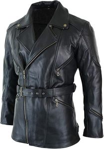 Manteau long en cuir noir sur mesure pour homme, ceinturé, style motard, en véritable peau de mouton, coupe ajustée, veste de motard, vêtement d'extérieur chaud pour l'hiver - Product Image 2