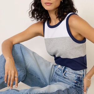 Women's Color Blocked Sleeveless Tank <b>Top</b> O-Neck Knitted Cotton Casual Loose Fit White Gray <b>Navy</b> Blue - Product Image 2