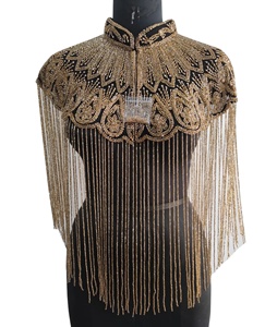 Trendy Vintage Hand Embroidered <b>Sequined</b> Beaded V-neck Breathable Mesh ODM Spring Poncho/Blouse Gold embellishment - Product Image 1