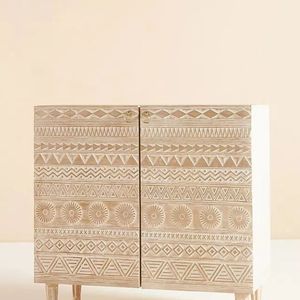 Embossed Wooden Side Cabinet 2 Door Accent <b>Chest</b> Natural Finish Living Room <b>Storage</b> Buffet - Product Image 1