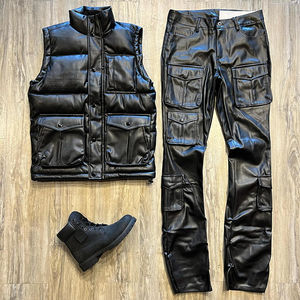 ชุดกางเกงคาร์โก้ทรงแฟลร์ ชุดแทรคสูทหนังสำหรับผู้ชาย ชุดหนังสั่งทำพิเศษ เสื้อกั๊กสตรีทแวร์ปักลายซิป  เสื้อกั๊กบุผ้านวม PU แบบซ้อน - Product Image 2