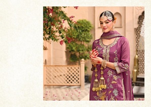 Beautiful Heavy Silk Simar with Embroidery Work Indian Pakistani <b>Top</b> Palazzo Dupatta Set - Product Image 3